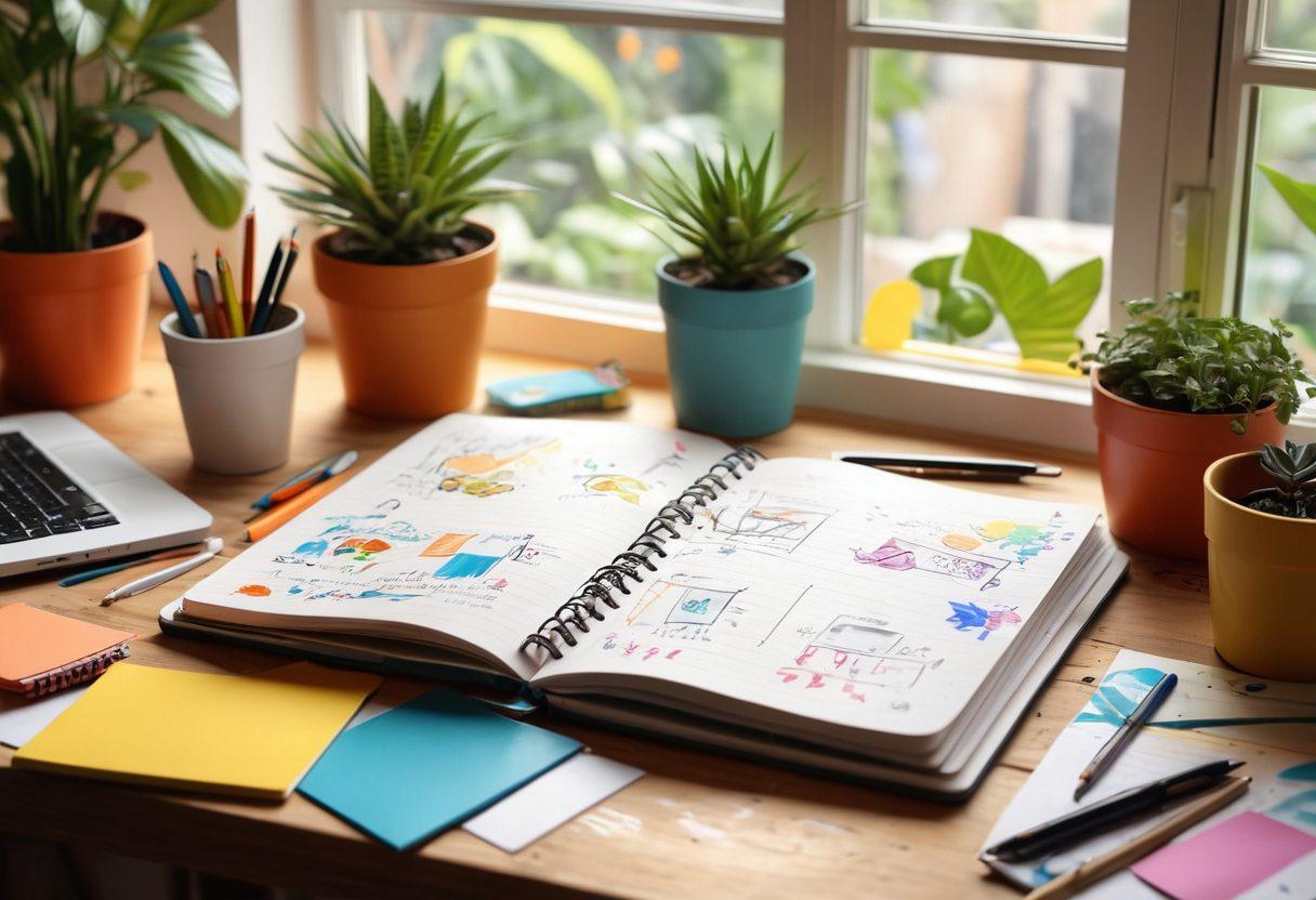 A dynamic open notebook with colorful sketches and notes scattered around, symbolizing creativity and blogging strategies. In the background, a vibrant workspace with plants, a laptop, and various art supplies, conveying personal and professional growth. Bright light streaming in through a window, creating an inspiring atmosphere. super-realistic. vibrant colors. 3D.